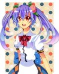  alternate_hairstyle aru16 blue_hair bow dress food fruit highres hinanawi_tenshi long_hair open_mouth peach polka_dot polka_dot_background red_eyes ribbon short_sleeves smile solo touhou twintails 