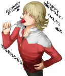  barnaby_brooks_jr birthday blonde_hair food fork fruit glasses gonta_(gongon500) green_eyes jacket red_jacket solo strawberry tiger_&amp;_bunny 