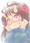  fang flower glasses highres horns lotus okamocheese oni original red-framed_glasses ribbed_sweater sweater 