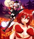  animal_ears bare_shoulders blonde_hair blue_eyes breasts chibi cleavage elbow_gloves fang fox_ears fox_tail full_moon gloves halloween happy_halloween hat konshin long_hair moon mouth_hold multiple_girls original paw_gloves pixiv_fantasia pixiv_fantasia_sword_regalia purple_eyes red_eyes red_hair redhead short_hair tail thigh-highs thighhighs violet_eyes white_hair witch_hat wolf_ears wolf_tail 