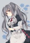  1girl apron ascot black_dress bow brown_eyes corset dress female flower grey_hair long_hair looking_at_viewer maid maid_headdress original puffy_sleeves smile solo twintails yuxx_yux 