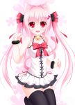  :d animal_ears bell bell_collar black_legwear cat_ears cat_tail collar fang hair_ornament hairclip highres kneeling musical_note open_mouth original paw_pose pink_eyes pink_hair shocchan_(sanymph) smile tail thigh-highs thighhighs 
