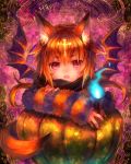  :o animal_ears blush cross fang fox_ears fox_tail happy_halloween orange_hair original pink_eyes pumpkin shigaraki_(strobe_blue) short_hair solo star striped tail wings 