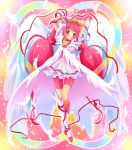  angel_wings arms_up bike_shorts boots brooch choker cure_happy dress feathers highres hoshizora_miyuki jewelry long_hair magical_girl pink_dress pink_eyes pink_hair precure princess_form_(smile_precure!) shorts_under_skirt smile smile_precure! solo sorane_rin tiara twintails wings wrist_cuffs 