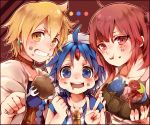 2boys :t ahoge aladdin_(magi) ali_baba_saluja blonde_hair blue_eyes blue_hair blush border breasts collarbone earrings eating fish_head fishhead food food_on_face fork gem heart holding_fork inazume-panko jewelry looking_at_viewer magi_the_labyrinth_of_magic morgiana multiple_boys octopus open_mouth outline red_eyes side_ponytail turban v x_x yellow_eyes 