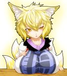  animal_ears blonde_hair breast_rest breasts bust collarbone dress fox_ears fox_tail huge_breasts large_breasts multiple_tails no_hat no_headwear open_mouth short_hair slit_pupils solo tabard tail touhou uneven_eyes white_dress yakumo_ran yellow_eyes yuuki_(yukigeshou_hyouka) 