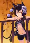  animal_ears black_hair brown_eyes cat_ears flower hair_ornament looking_at_viewer navel open_clothes open_mouth open_shirt original railing short_hair short_sleeves shorts skull_hair_ornament solo tail valyu 