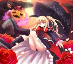  black_panties blazblue blonde_hair boots bow capelet crescent_moon flower frills gii hair_ribbon heel-less_shoes high_heels jack-o'-lantern knee_boots kyubey lolita_fashion long_hair mahou_shoujo_madoka_magica moon nago panties parody petals pumpkin rachel_alucard red_eyes ribbon rose shoes solo soul_gem sumapan twintails umbrella underwear upskirt 