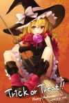  2012 an2a black_gloves blonde_hair boots braid broom candy dated gloves happy_halloween holding kirisame_marisa lollipop long_hair scarf signature single_braid sitting sketch solo swirl_lollipop tongue tongue_out touhou trick_or_treat yellow_eyes 