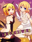  bat_wings blonde_hair blue_eyes blush butt_crack dual_persona elbow_gloves fang gloves highres kagamine_rin kawara looking_at_viewer multiple_girls red_eyes short_hair shorts thigh-highs thighhighs vocaloid wings 