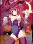  blue_eyes breasts cleavage detached_sleeves ghost graveyard halloween hat jack-o&#039;-lantern leotard little_busters!! long_hair moon pumpkin saigusa_haruka side_ponytail takataka thigh-highs thighhighs witch_hat 