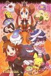  1girl 2boys black_eyes blue_eyes blue_hair bowtie bridal_gauntlets brown_eyes brown_hair candle candy creature crown double_bun drifloon english fang flame gengar grin hat hue_(pokemon) jigglypuff joltik kyouhei_(pokemon) lampent litwick lollipop long_hair mei_(pokemon) multiple_boys mummy pichu pokemon pokemon_(creature) pokemon_(game) pokemon_bw2 pumpkin red_eyes short_hair smile solosis sweatdrop swirl_lollipop twintails whimsicott woobat yellow_eyes yukigi 