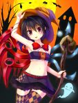  :p alternate_costume arm_up armpits asymmetrical_wings bat black_hair bug bug_(artist) full_moon ghost halloween hat highres houjuu_nue looking_at_viewer midriff moon navel red_eyes see-through short_hair skirt solo staff thigh-highs thighhighs tongue touhou ufo wings witch_hat zettai_ryouiki 