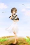  barefoot bird blue_sky dress highres ico mikuromono road short_hair silver_hair sky solo white_dress yorda 