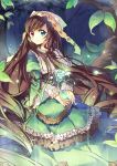  brown_hair capelet dress energy_ball forest frilled_dress frills green_dress hat hat_ribbon heterochromia juliet_sleeves lights long_hair long_sleeves nature pf puffy_sleeves ribbon rozen_maiden smile solo suiseiseki very_long_hair 
