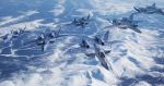  ace_combat ace_combat_x airplane epic fleet flying highres jet macross macross_vf-x2 mecha mountain parody photo_background realistic science_fiction snow u.n._spacy vf-22 yellow_man 