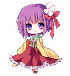  bow flower hair_flower hair_ornament hieda_no_akyuu japanese_clothes kimono purple_eyes purple_hair ribbon short_hair simple_background smile solo touhou violet_eyes yukiusagi_(paretto) 