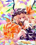 aji082 alternate_color bare_legs barefoot between_legs blush box candy cookie flandre_scarlet food food_on_face gift gift_box hat hat_ribbon highres jack-o&#039;-lantern jack-o'-lantern outstretched_arm outstretched_hand pumpkin red_eyes ribbon short_hair side_ponytail smile solo sweets touhou wings 
