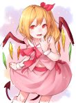  1girl :d alternate_costume bare_shoulders blonde_hair blush demon_tail fang flandre_scarlet hair_ribbon highres junwool long_hair looking_at_viewer navel open_mouth pointy_ears red_eyes ribbon rough side_ponytail skirt smile solo tail touhou wings 