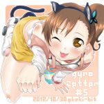  :p ;p animal_ears ass bare_shoulders bent_over blush brown_eyes brown_hair butterfly_hair_ornament cat_ears cat_tail chousoku_henkei_gyrozetter dated ekakibito fake_animal_ears hair_ornament inaba_rinne long_hair looking_at_viewer paw_pose roller_skates shorts side_ponytail single_thighhigh skates smile solo striped striped_legwear tail thigh-highs thighhighs title_drop tongue tongue_out wink yellow_eyes 