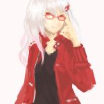  1girl bespectacled chibibro glasses guilty_crown hair_ornament hairclip jacket long_hair open_clothes open_jacket red-framed_glasses red_eyes red_jacket solo white_hair yuzuriha_inori 