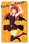  arms_up bat_wings head_wings jumping koakuma kujira-kousen long_hair long_sleeves necktie open_mouth red_eyes red_hair redhead skirt smile solo thigh-highs thighhighs touhou trick_or_treat white_legwear wings 