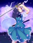  arm_up ascot cherry_blossoms ghost hair_ribbon hairband highres hitodama konpaku_youmu konpaku_youmu_(ghost) parted_lips puffy_sleeves raised_arm red_eyes ribbon scabbard sheath sheathed short_hair short_sleeves silver_hair skirt solo standing sword touhou vest waado_(shissouheki) weapon 