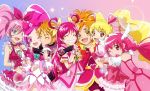  6+girls :d arm_around_neck blonde_hair blue_eyes blush cheek_kiss closed_eyes cure_black cure_bloom cure_blossom cure_dream cure_happy cure_melody cure_peach earrings fuchi_(nightmare) grin hanasaki_tsubomi highres holding_hands hoshizora_miyuki houjou_hibiki hug hyuuga_saki interlocked_fingers jewelry kiss long_hair misumi_nagisa momozono_love multiple_girls open_mouth orange_eyes orange_hair pink_eyes pink_hair precure precure_all_stars red_eyes smile sparkle twintails wink yumehara_nozomi yuri 