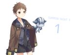  brown_eyes brown_hair hand_in_pocket male necktie nup oxo short_hair shorts simple_background summon_night summon_night_3 white_background 