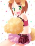  1girl belt blush brown_hair cheerleader chunichi_dragons confetti crop_top dog_ears dog_tail fang flat_chest green_eyes inuarashi meiko_(inuarashi) midriff navel nippon_professional_baseball open_mouth original pom_poms short_hair simple_background skirt smile tail white_background 