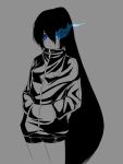  alternate_hairstyle black_hair black_rock_shooter black_rock_shooter_(character) blue_eyes blue_fire casual fire glowing glowing_eye hands_in_pockets hosizorada long_hair monochrome ponytail shorts simple_background solo spot_color track_jacket very_long_hair 