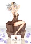  absurdres armpits arms_up barefoot blonde_hair blush center_opening chocolate chocolate_heart collarbone dress hair_ornament heart highres jewelry looking_at_viewer necklace original petals purple_eyes saberiii silver_hair sitting solo violet_eyes 