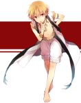  barefoot blonde_hair bracelet child_gilgamesh fate/kaleid_liner_prisma_illya fate_(series) finger_to_mouth jewelry kuroemon long_coat necklace open_clothes open_shirt red_eyes short_hair shorts solo young 