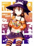  absurdres body_writing brown_hair candy closed_eyes eyes_closed halloween happy_halloween hat highres long_hair navel original smile solo takamine_(smdx) thigh-highs thighhighs trick_or_treat witch_hat 