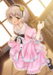  :d backlighting blush dress hairband highres looking_at_viewer open_mouth original pantyhose pink_dress short_hair silver_hair smile solo sunlight suzume_inui window window_shade yellow_eyes 