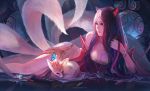  1girl ahri animal_ears breasts chenbo cleavage fox fox_ears fox_tail highres league_of_legends legs multicolored_hair multiple_tails signature tagme tail two-tone_hair 