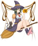  alternate_costume atsuko black_hair broom cat green_eyes halloween hat jack-o&#039;-lantern jack-o'-lantern minami-ke mo-fu necktie pumpkin solo witch 