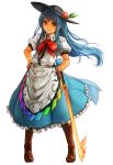blue_hair boots cross-laced_footwear food fruit full_body hand_on_hip hat highres hinanawi_tenshi lace-up_boots long_hair long_skirt looking_at_viewer peach red_eyes sachito simple_background skirt solo standing sword_of_hisou touhou white_background