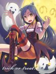  animal_ears bare_shoulders black_hair boots dan_(orange_train) detached_sleeves fang ghost halloween halloween_tricker_(idolmaster) idolmaster idolmaster_2 kisaragi_chihaya long_hair looking_at_viewer moon open_mouth solo striped striped_legwear thigh-highs thighhighs trick_or_treat yellow_eyes 