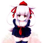  animal_ears bent_over black_legwear breasts chipika cleavage hair_ribbon hat highres inubashiri_momiji leaning_forward looking_at_viewer red_eyes ribbon school_uniform short_hair skirt smile solo tail thigh-highs thighhighs tokin_hat touhou white_hair wolf_ears wolf_tail 