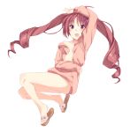  :d ahoge arm_up blue_eyes blush fang hazuki_watora hoodie kirisato_itsuki long_hair looking_at_viewer naked_hoodie open_mouth original sandals smile solo twintails two_side_up 