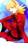  1girl blonde_hair cyborg_009 francoise_arnoul green_eyes hairband highres looking_back oprince scarf short_hair sitting 