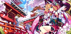  animal_ears bell blue_sky blush cherry_blossoms detached_sleeves fox_ears fox_mask fox_tail green_eyes japanese_clothes lantern long_sleeves mask open_mouth oriental_umbrella original petals shirokitsune short_hair shrine sitting sky solo tail tree umbrella wide_sleeves 