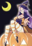  1girl bow breasts cape cleavage costume fang fate/stay_night fate_(series) glasses halloween jack-o&#039;-lantern large_breasts long_hair medusa_(fate)_(all) moon purple_eyes purple_hair rider smile solo striped striped_legwear thigh-highs thighhighs violet_eyes zanku 