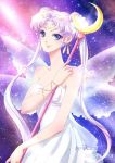  bare_shoulders bishoujo_senshi_sailor_moon blue_eyes bracelet crescent double_bun dress facial_mark forehead_mark hair_ornament hairpin jewelry kaminary long_hair queen_serenity sky smile solo staff star_(sky) starry_sky twintails white_dress white_hair 