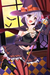  :d absurdres belt breasts brown_eyes cape cleavage elbow_gloves gloves halloween hat highres idolmaster idolmaster_cinderella_girls koshimizu_sachiko navel nicci open_mouth pantyhose purple_hair short_hair skirt smile solo staff the_idolm@ster the_idolm@ster_cinderella_girls witch_hat 