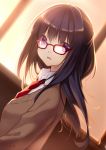  1girl artist_name black_hair blue_eyes bust dutch_angle female glasses highres long_hair looking_at_viewer looking_back nana_mikoto necktie original parted_lips purple_eyes red-framed_glasses school_uniform solo sunlight violet_eyes 