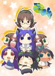  akane_yuki akizuki_ritsuko arms_up artist_request chibi chibiki chihyaa clone closed_eyes eyes_closed glasses haruka-san headphones highres holding idolmaster kemonomimi_mode logo looking_at_viewer makochii miura-san open_mouth puchimasu! sitting sitting_on_lap sitting_on_person smile star 