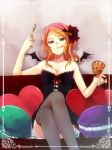  :p bare_shoulders blush breasts bustier cleavage crossed_legs cup fishnet_legwear fishnets green_eyes hair_ornament halloween large_breasts legs_crossed looking_at_viewer macaron mina_m multicolored_hair orange_hair original pillow pink_hair short_hair sitting smile solo spoon thigh-highs thighhighs tongue tongue_out wings 