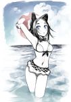  :&lt; animal_ears armpits arms_up ball beachball blue_eyes blush bow front-tie_top highres holding mound_of_venus navel original partially_submerged short_hair solo spot_color thigh_gap water yunar 